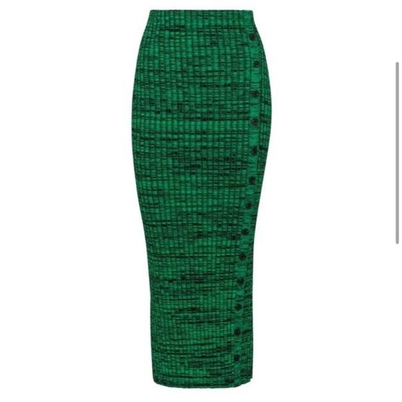 Self-Portrait Buttoned Side-Slit Rib Knitted Midi Skirt in Green - Picture 3 of 12